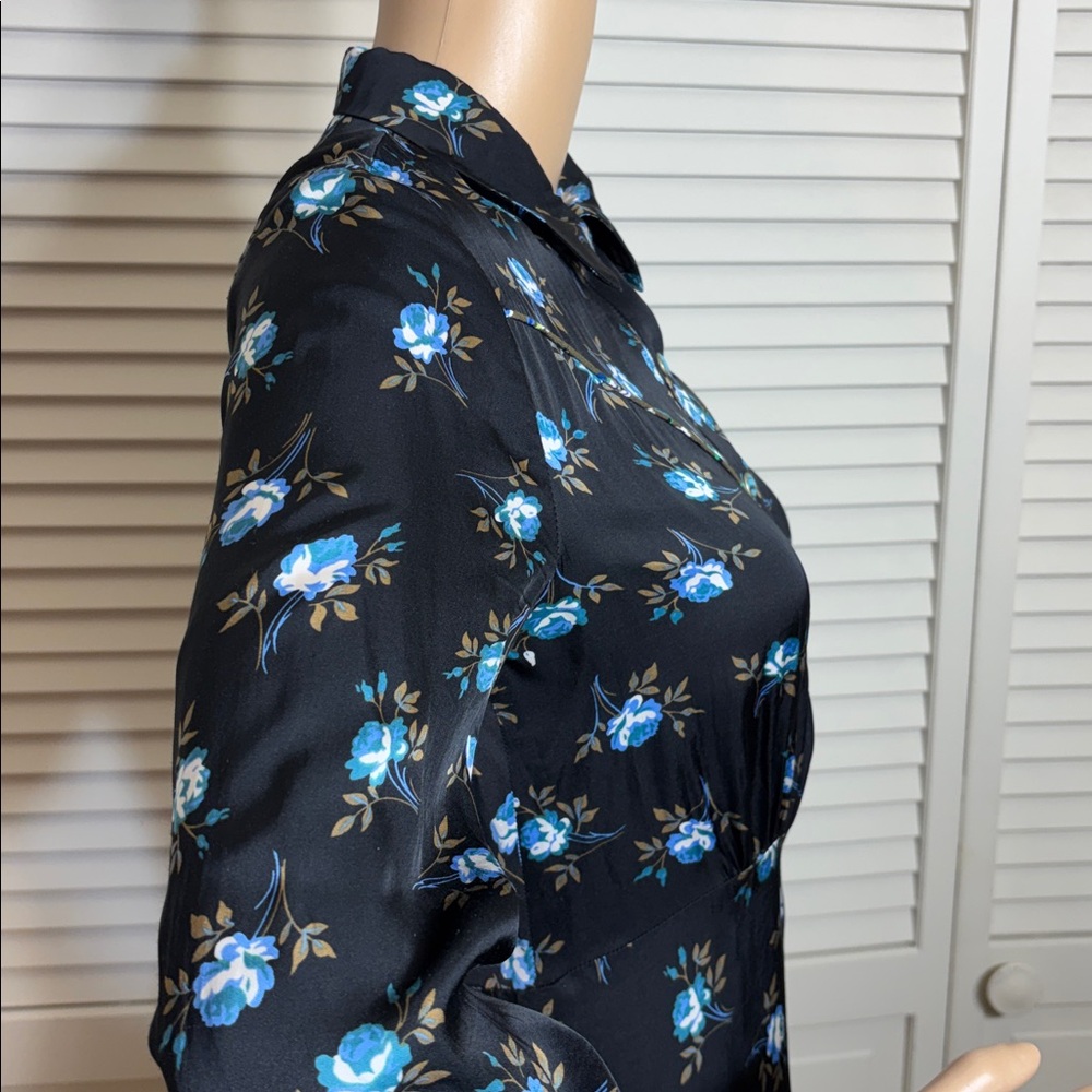 Sandro Black Long-Sleeves Floral Shirt Dress with Blue Rose Print Size 4 - Picture 8 of 16